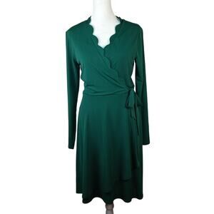Emerald Green Faux Wrap Dress Scalloped Neckline Longsleeve Formal Modest